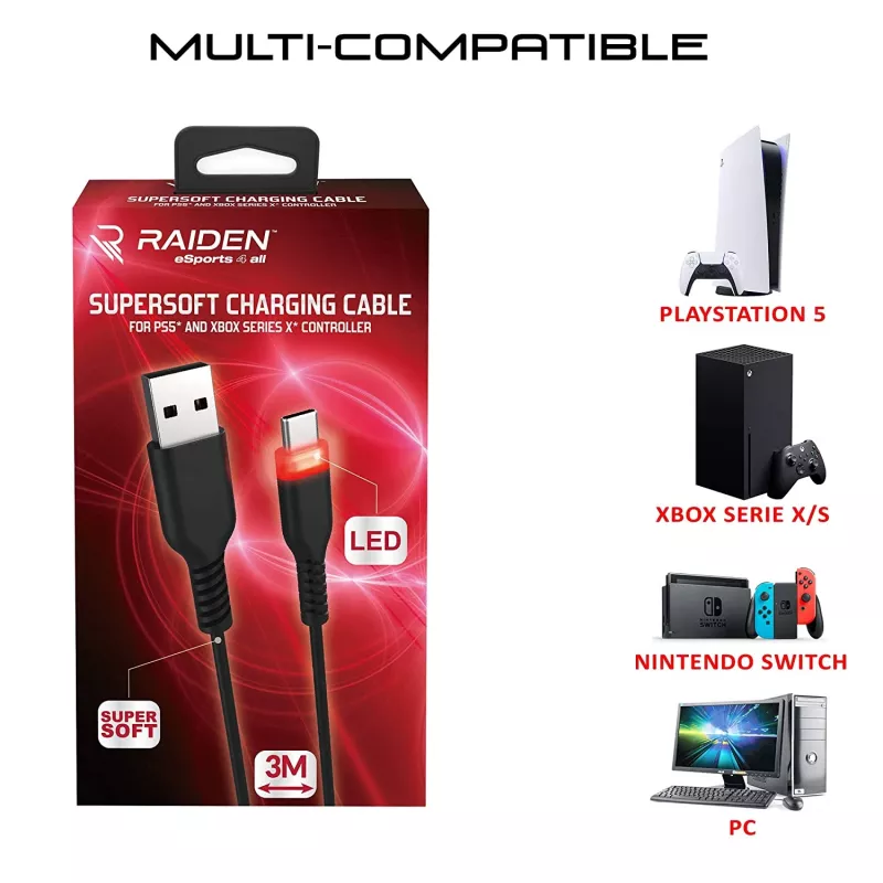 USB-C įkrovimo laidas SUBSONIC SA5601 3 m – suderinamas su PS5, Xbox, Nintendo Switch