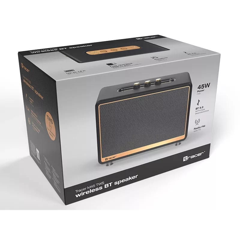 Nešiojamas stereo garsiakalbis TRACER M45 juodas – Bluetooth 5.0, 45 W RMS, FM radijas, įmontuotas mikrofonas, maitinamas baterija
