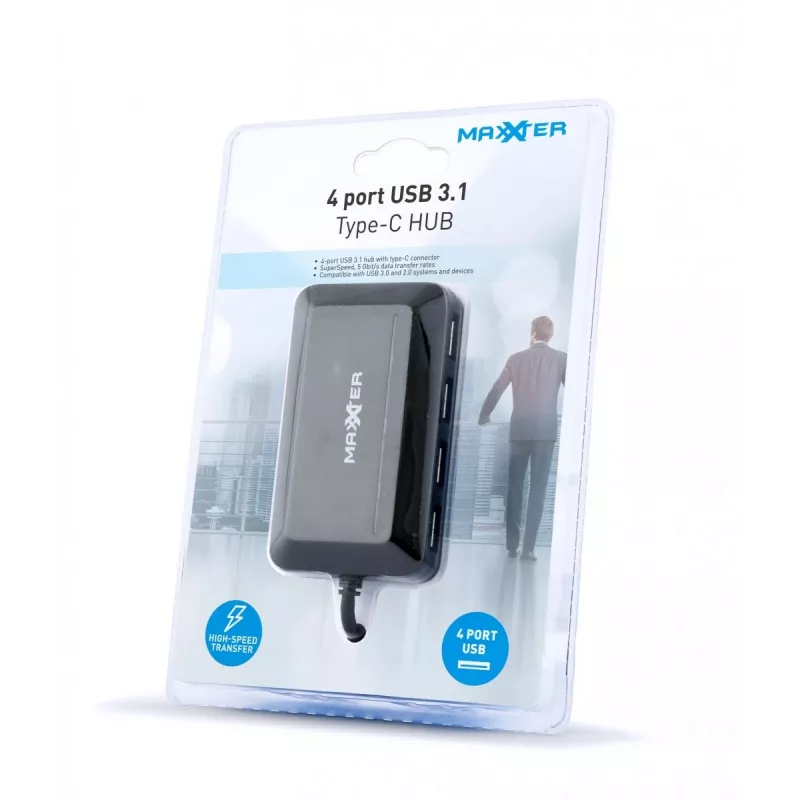 USB šakotuvas GEMBIRD ACT-HUB3C-4P — USB 3.2 Gen 1 Type-A pagrindinis prie 4 × USB 3.2 Gen 1 Type-C, 5000 Mbit/s, juodas