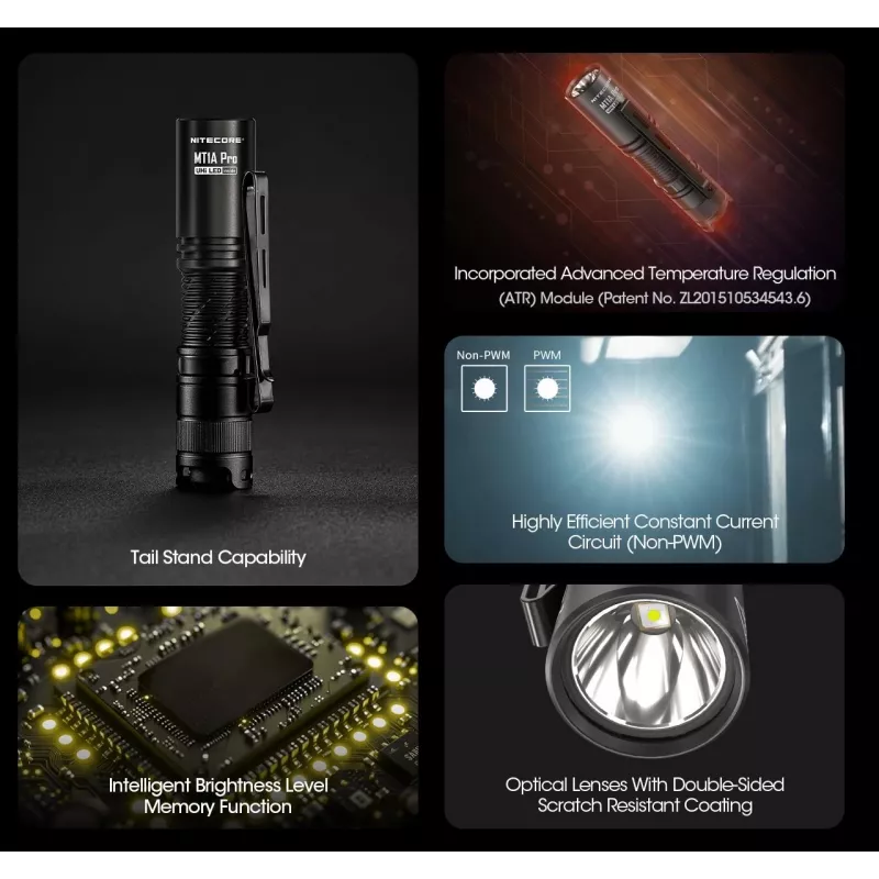 Rankinis žibintuvėlis Nitecore MT1A Pro — LED 50 lm, įkraunamas per USB, 1100 mAh, aliuminis, vandeniui atsparus, smūgiams atsparus, juodas