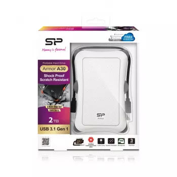 Išorinis kietasis diskas Silicon Power Armor A30 2TB 2,5 colio USB 3.2 Gen 1, baltas, atsparus smūgiams, 256 bitų AES