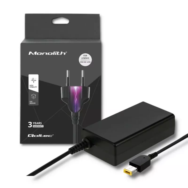 Maitinimo adapteris QOLTEC 51556 vidaus 65W, skirtas Lenovo nešiojamiesiems kompiuteriams, 20V 3,25A, juodas