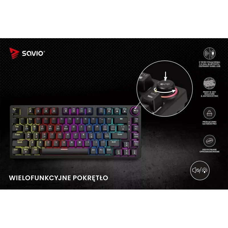 Savio Phenix SAVGK-RED belaidė mechaninė klaviatūra (82 klavišai, 75 %, Gateron Pro, RGB, RF 2,4 GHz / Bluetooth / USB)