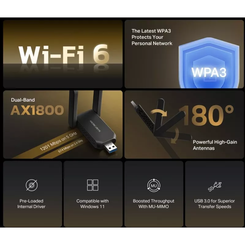 Wi‑Fi USB adapteris MERCUSYS MA72XH AX1800 su aukšto stiprinimo antenomis, USB-A plug-and-play