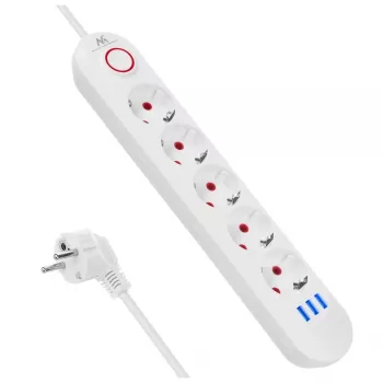 Maitinimo blokas MACLEAN MCE395 W – 5 lizdai, 3× USB A, 110–240 V AC, 2,1 A USB, max 2500 W, baltas, 1,5 m laidas