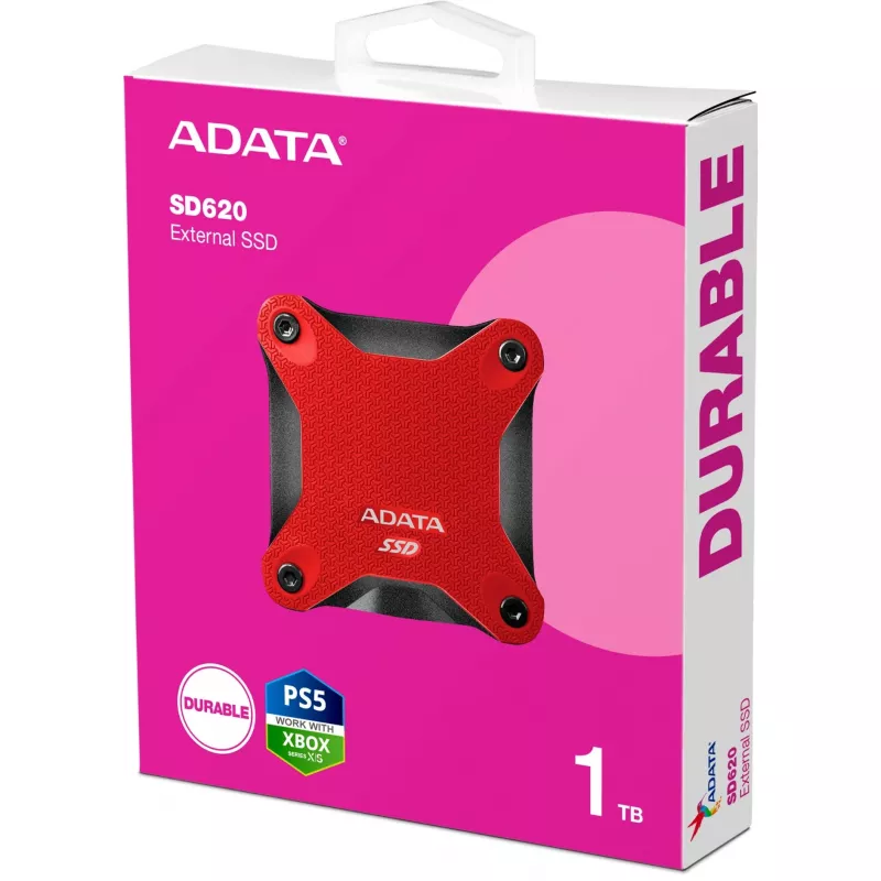 Išorinis SSD ADATA SD620 1 TB, nešiojamas, USB 3.2 Gen 2 (Micro-USB B), skaitymas 520 MB/s, rašymas 460 MB/s, atsparus smūgiams, raudonas
