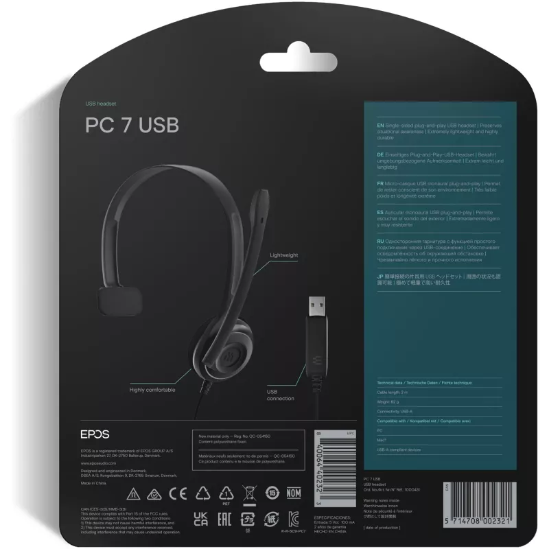 Sennheiser PC 7 USB ausinės su mikrofonu, laidinės, viena ausine, biurui, USB Type-A, juodos