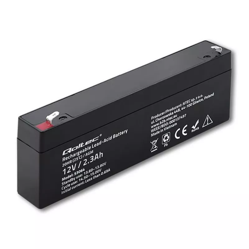 Sandari AGM baterija QOLTEC 12V 2,3Ah UPS ir atsarginėms sistemoms, maks. iškrova 34,5A