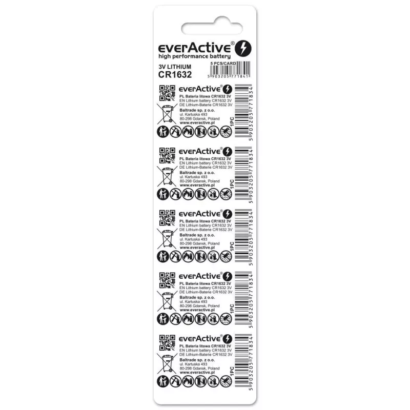 Baterija everActive CR1632 ličio vienkartinė moneta 3 V – 5 vnt., 16 mm × 3,2 mm