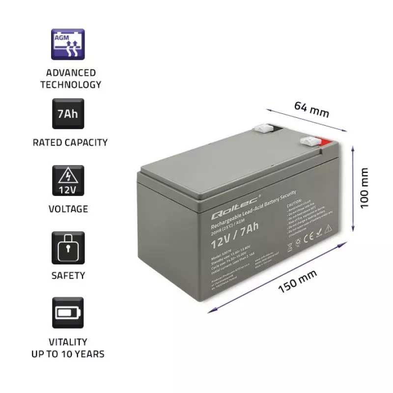 Qoltec 53076 AGM baterija | 12V | 7Ah | Apsaugos sistemoms