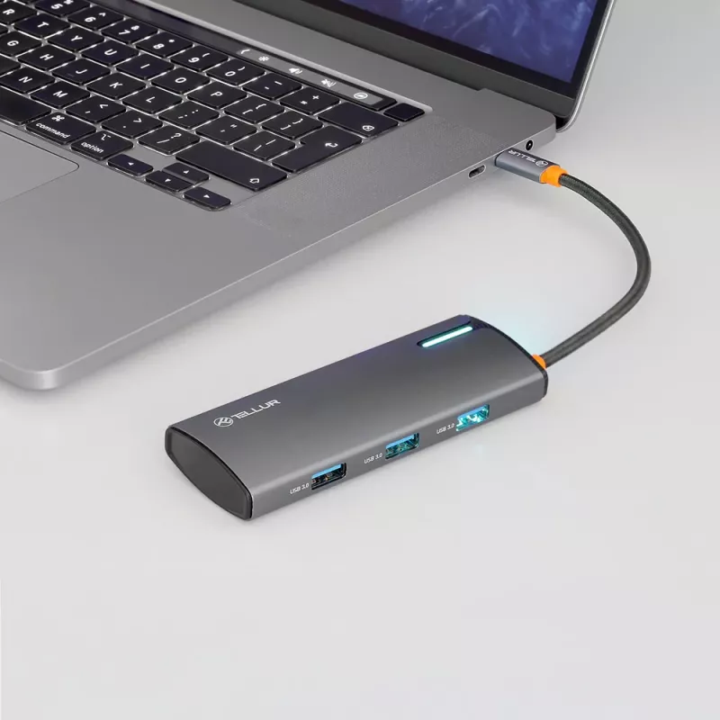 USB-C centrinis įrenginys Tellur TLL321061 su PD 3.0 100W, HDMI išėjimu ir 3× USB 3.0 prievadais