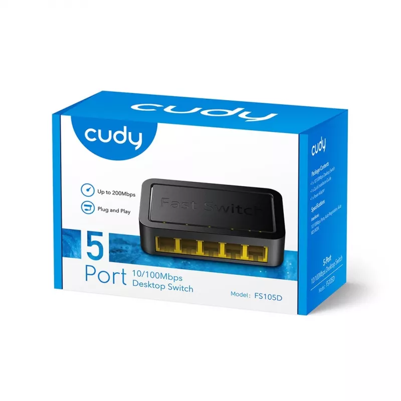 Tinklo jungiklis Cudy FS105D — 5 prievadų Fast Ethernet 10/100, 1 Gbit/s perjungimas, juodos spalvos