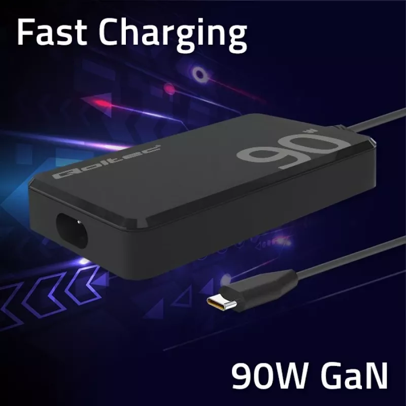Qoltec 90W GaN Super Fast SLIM sieninis įkroviklis | XP | 5-20V | 4,5A | USB-C 3.1 | Nešiojamam kompiuteriui | MacBook | Išmaniajam telefonui | + laidas