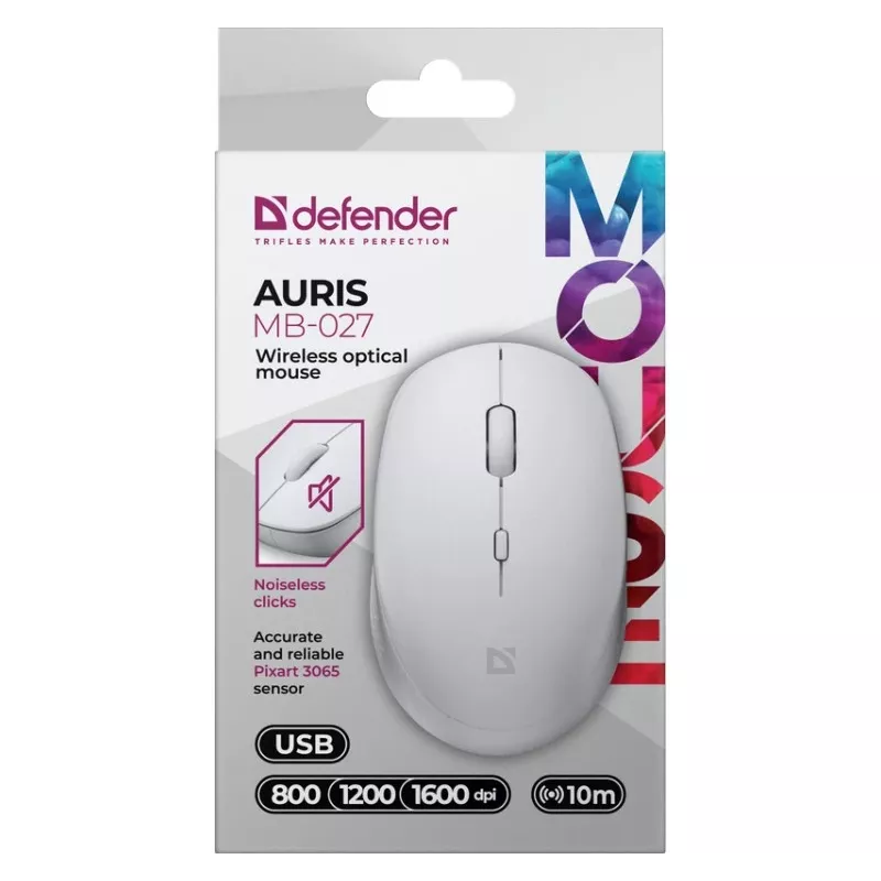 Belaidė pelė tyliu spragtelėjimu AURIS MB-027 800/1200/1600 DPI balta