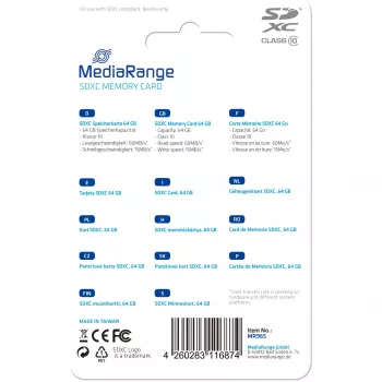 MediaRange SDXC atminties kortelė 64GB Class 10 mėlyna (MR965)