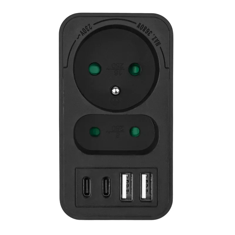 Maitinimo daliklis MACLEAN MCE249 F/B – 2 AC lizdai (16A + 6A) su 2×USB-A ir 2×USB-C PD 20W, EU kištukas, juodas