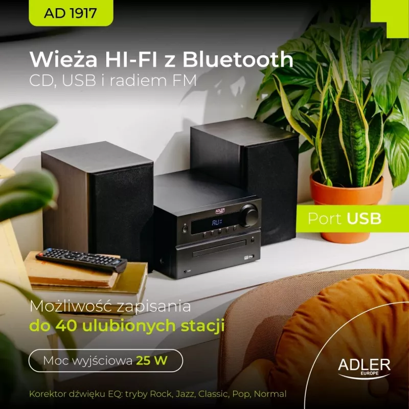 Mini Hi-Fi stereo sistema Adler AD 1917 – Bluetooth 5.3, CD/USB/MP3, 2×25 W RMS, FM imtuvas, 4 juostų ekvalaizeris, AUX, juoda