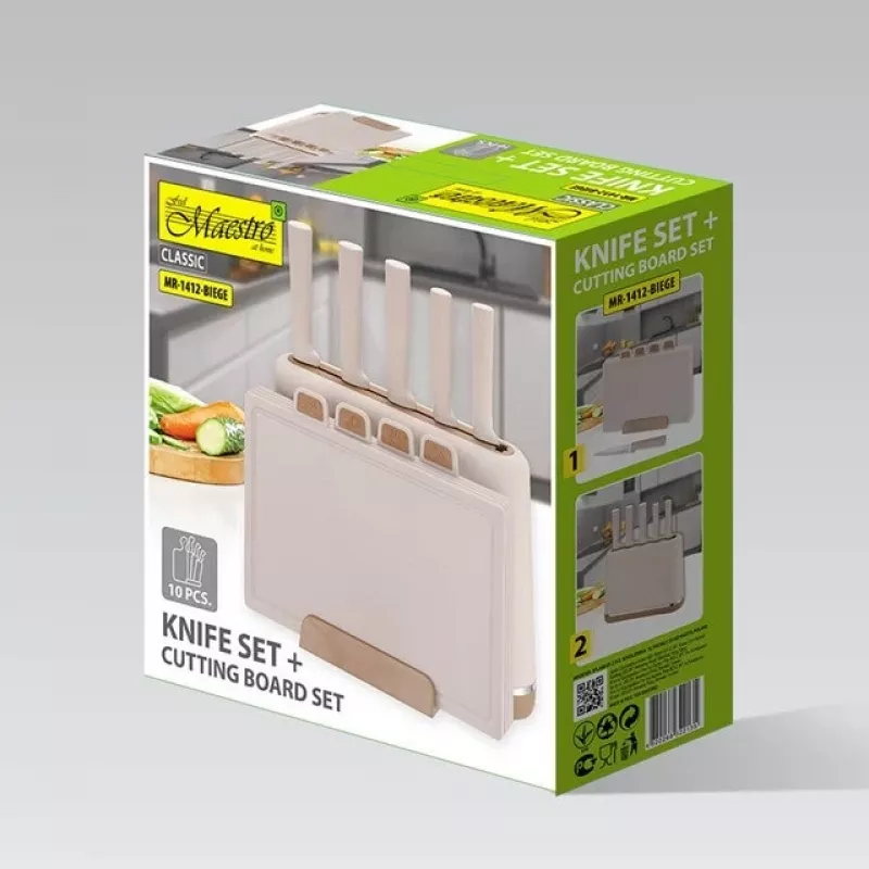 Peilių rinkinys su bloku ir pjaustymo lenta Maestro MR-1412-BEIGE Smėlio spalvos