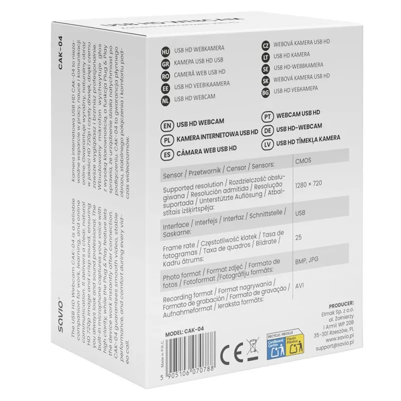 Savio CAK-04 internetinė kamera 720p 1280 x 720 pikselių USB Juoda