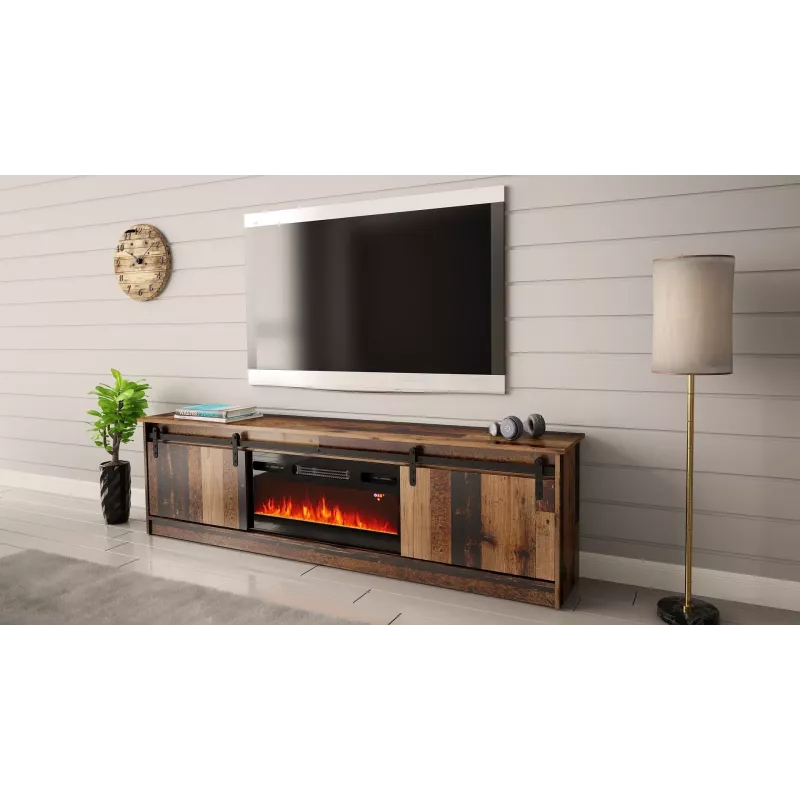 TV spintelė Cama Meble GRANERO su židinio sekcija, 2000×567×350 mm, medžio drožlių plokštė/MDF, stumdomos 2 durys, matinė sena mediena