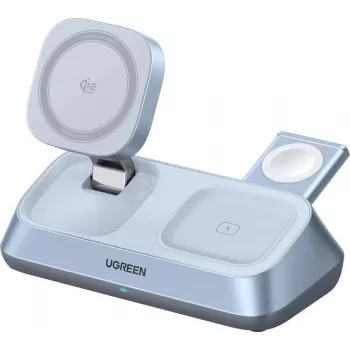 UGREEN MagFlow W711 3-in-1 belaidis magnetinis Qi2 25W stalinis įkroviklis iPhone, AirPods ir Apple Watch, sidabrinis