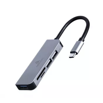 Dokavimo stotelė nešiojamam kompiuteriui Gembird UHB-CM-CRU3P1U2P2-01 – USB 3.2 Gen 1 Type-A, MicroSD/SD/SDHC/SDXC iki 128 GB, sidabrinė