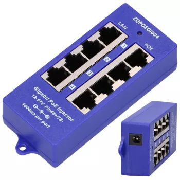 PoE įpurškiklis Extralink Gigabit 4 prievadai, 4x 1000Mb/s RJ45, 48V, mėlynas/juodas
