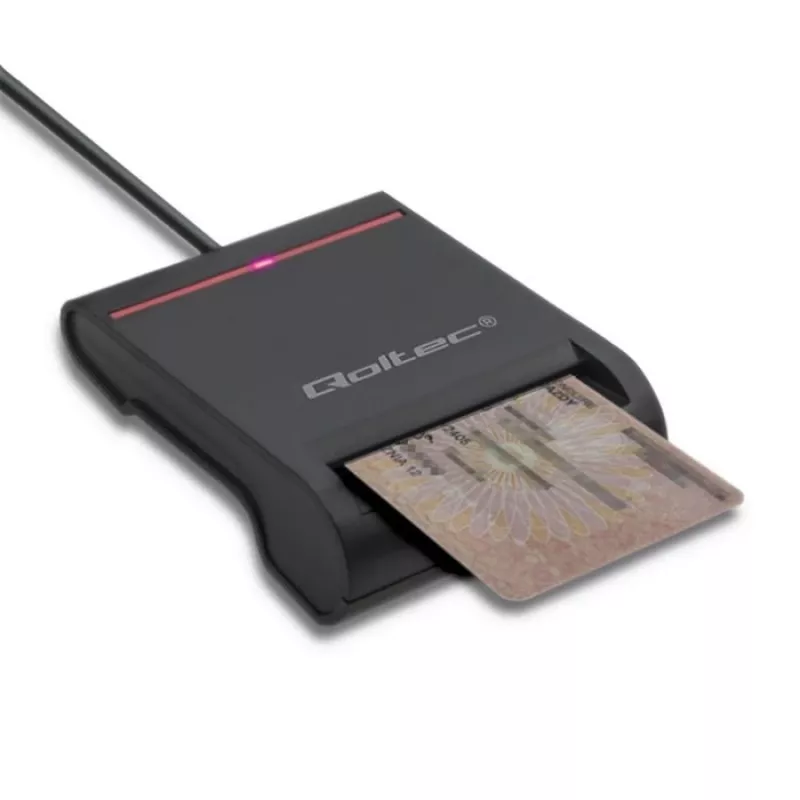 ID kortelių skaitytuvas QOLTEC Smart chip ID card scanner – USB, juodas, 84,5×65×16 mm, 63 g