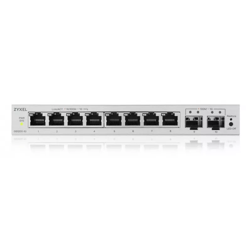 Valdomas L2 Gigabit Switch Zyxel GS1200-10v3 — 8x Gigabit (10/100/1000), 20 Gbps, MAC 4000, stalinis, pilkas