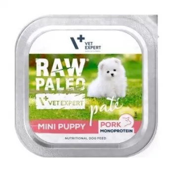Šlapi šunų ėdalai VETEXPERT RAW PALEO Pâte Mini Puppy Pork 150 g – pilnavertis grūdų neturintis paštetas mažų veislių šuniukams