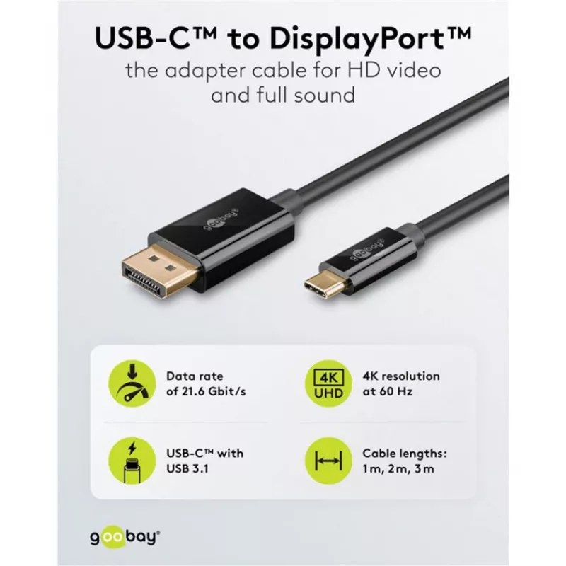 Goobay USB-C į DisplayPort laidas – paauksuotos jungtys, itin didelė raiška iki 4K @ 60Hz, suderinamas su Thunderbolt 3/4