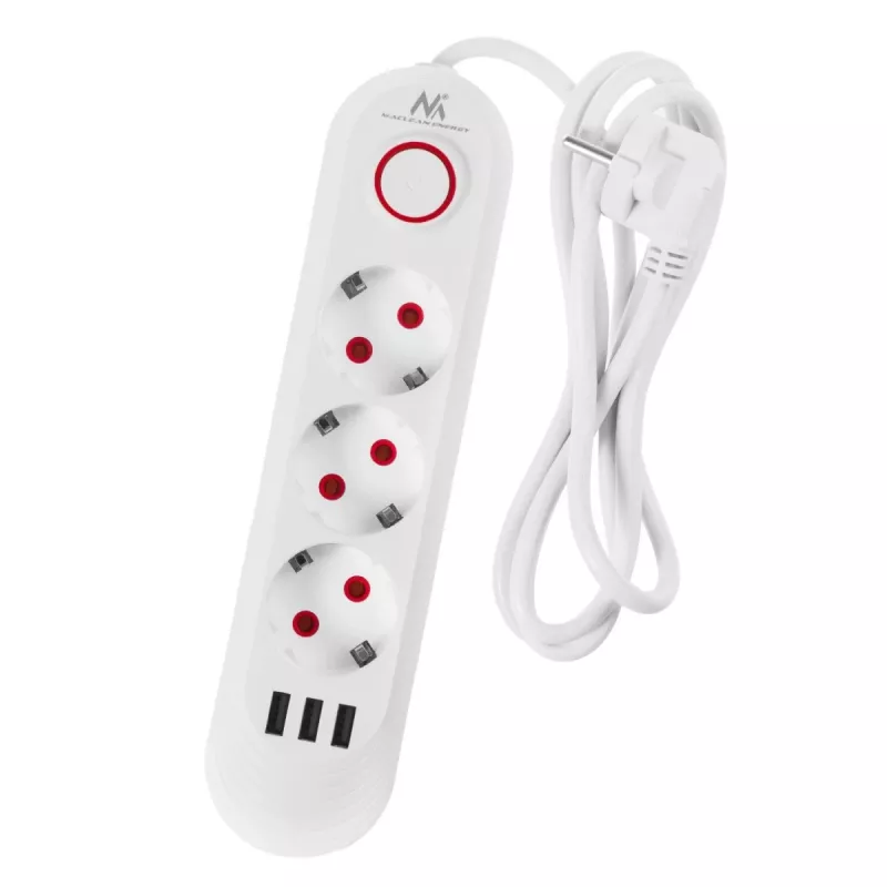 Maclean MCE394W ilgintuvas 3 kištukiniai lizdai, 3×USB 2.1A, 2500 W, 1,5 m laidas, baltas