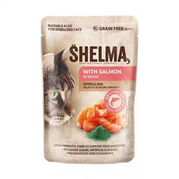 Šlapias kačių ėdalas SHELMA su lašiša padaže, pilnavertis suaugusių kačių pašaras, 85 g, 10% baltymų, 81% drėgmės