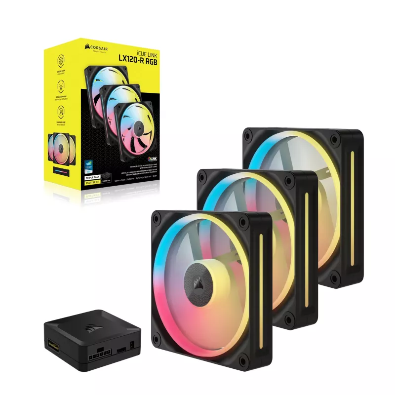 CORSAIR iCUE LINK LX120-R RGB 120 mm kompiuterio korpuso ventiliatoriai, atvirkštinės mentės, PWM, 3 vnt. pakuotė, juodos spalvos
