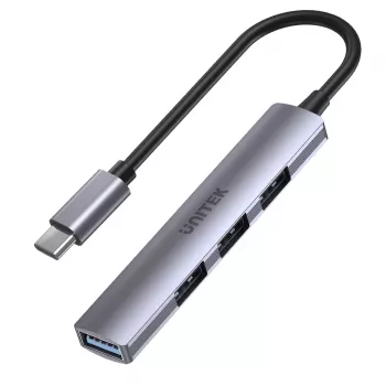 USB-C stotelė Unitek H1208B – 1x USB-A 5 Gbps, 3x USB-A 2.0, USB-C jungtis, aliumininis korpusas, 0,20 m laidas