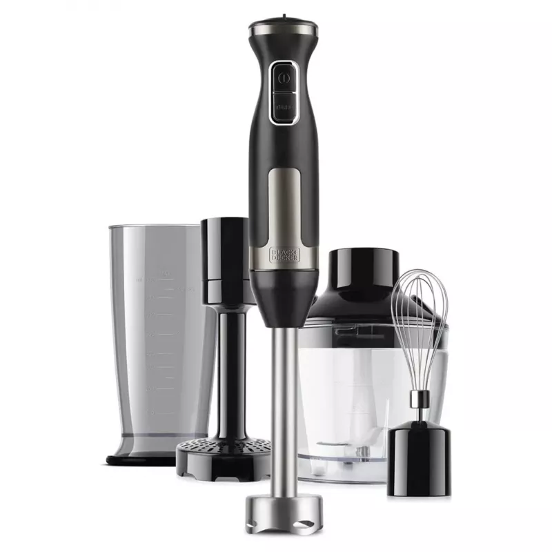 Panardintuvas Black & Decker BXHBA1500E — 1500 W rankinis blenderis su nerūdijančio plieno kotu, 20 greičių, smulkintuvu, plaktuvu, pulsavimo režimu