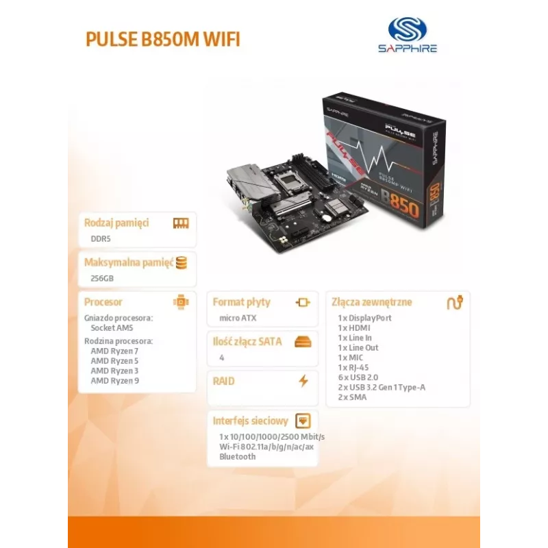 Motininė plokštė Sapphire PULSE B850M WIFI — AMD B850 micro ATX, Socket AM5, DDR5 iki 7600 MHz, 4 DIMM, 192 GB, Wi‑Fi 6, 2.5GbE