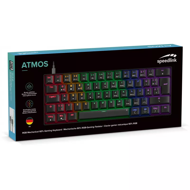 Mechaninė žaidimų klaviatūra Speedlink ATMOS RGB – kompaktiškas išdėstymas, RGB foninis apšvietimas