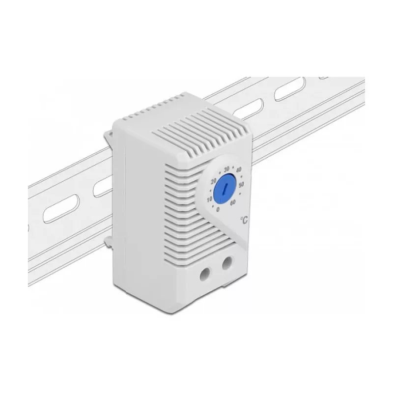 Termostatas DELOCK 66823, plastikinis korpusas IP20, 30 W, 250 V, 10 A, 43×60×33 mm, mėlynai pilkas