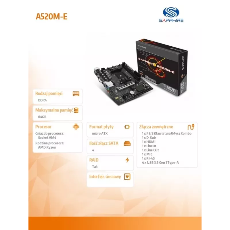 Micro ATX pagrindinė plokštė Sapphire A520M-E lizdui AM4, AMD A520 mikroschemų rinkinys, 2x DDR4 DIMM, iki 64 GB, PCIe 3.0 x16/x1, SATA III, Gigabit LAN