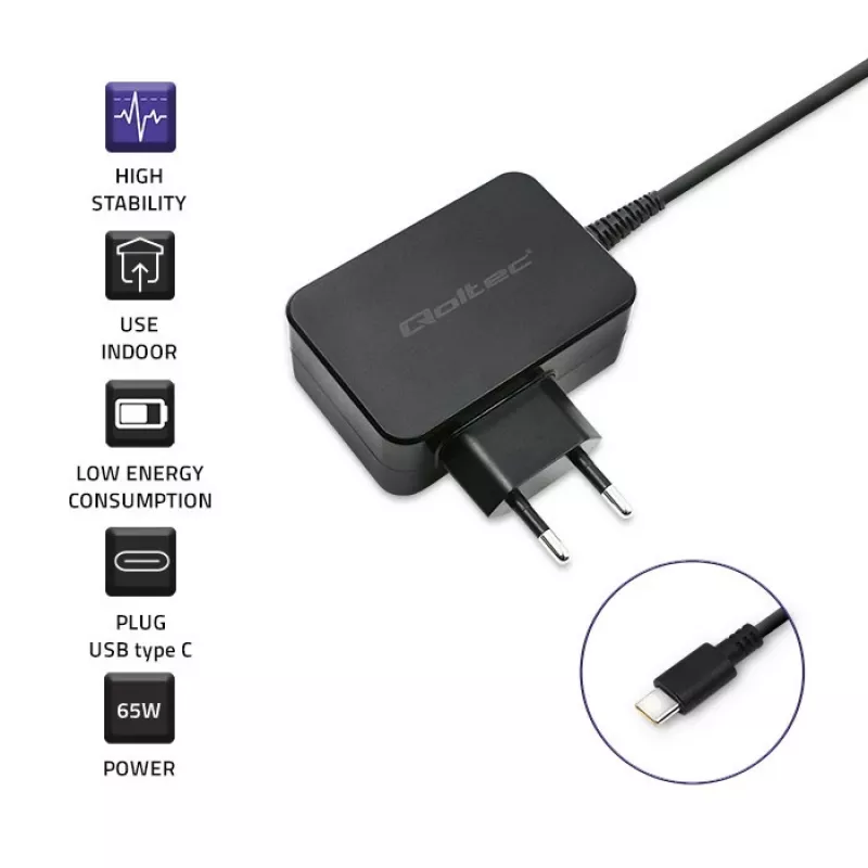 Mobiliojo įrenginio įkroviklis QOLTEC 51024 – Universalus AC vidinis įkroviklis, 65W PD, 20V/3,25A, 1,2m laidas, Juodas