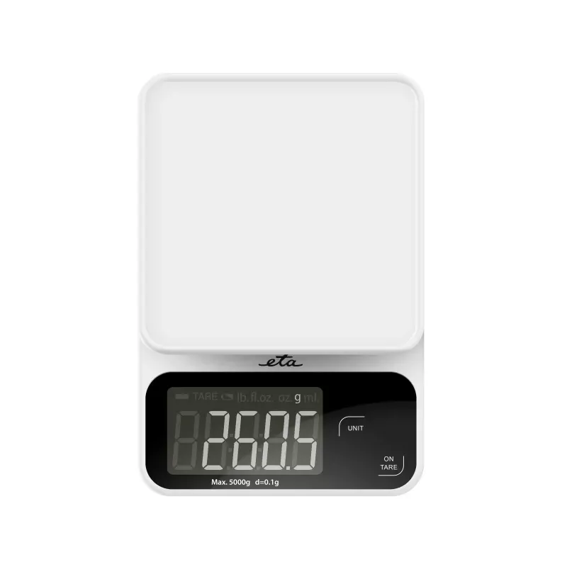 Elektrinės virtuvinės svarstyklės ETA POPI balta – 5 kg, 1 g tikslumas, LCD ekranas, AAA baterijos