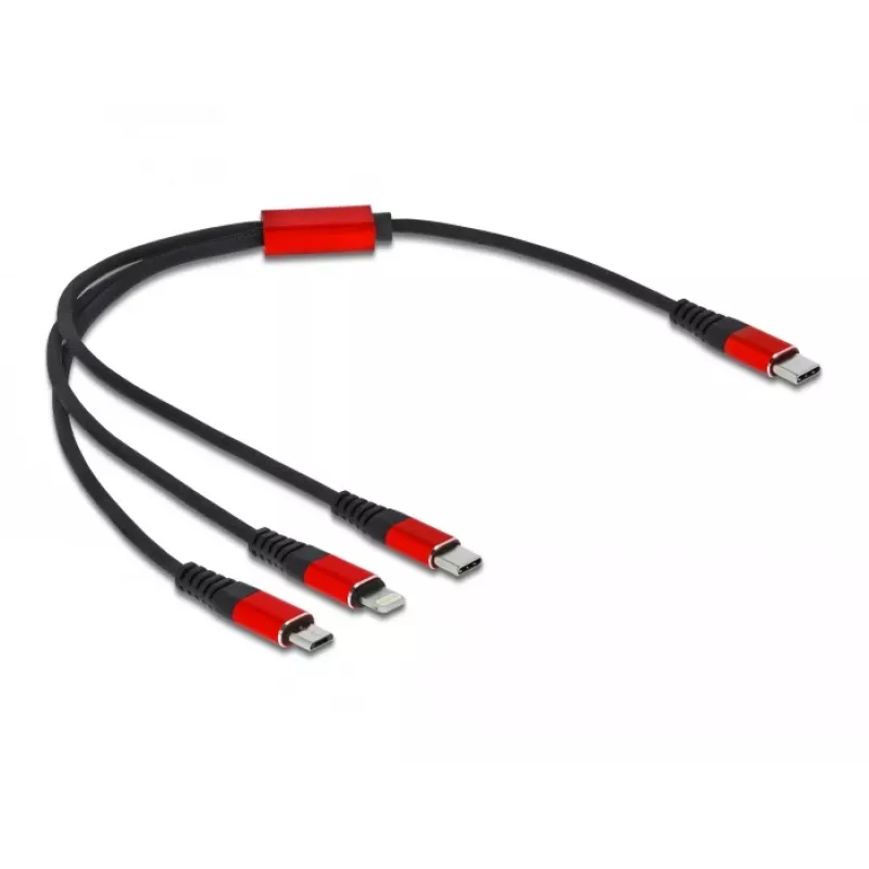 USB įkrovimo laidas DeLOCK 86710 3 in 1 USB Type-C į Lightning Micro USB 30 cm juodas raudonas