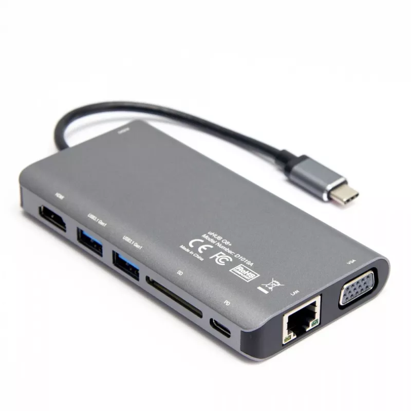 UNITEK uHUB O8+ laidinis USB 3.2 Gen 1 Type-C lizdas pilkas 100W Power Delivery