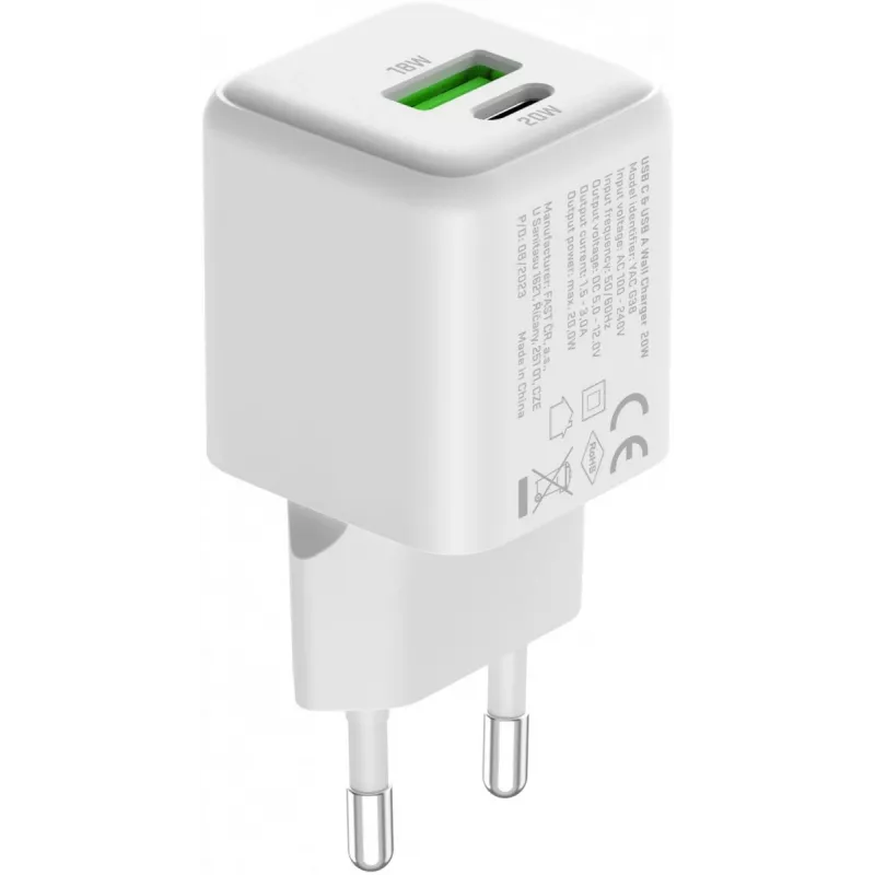 USB C/A sieninis įkroviklis YENKEE YAC G38 20W 3A Power Delivery (USB‑C ir USB‑A)