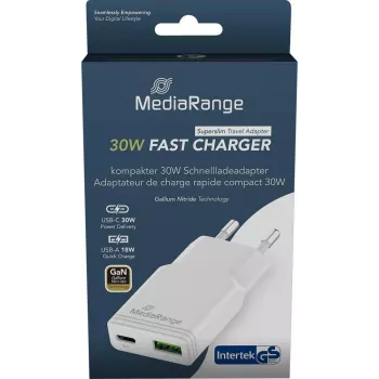 Įkroviklis MediaRange MRMA125 30W 2 prievadai (1x USB-A, 1x USB-C, GaN) baltas
