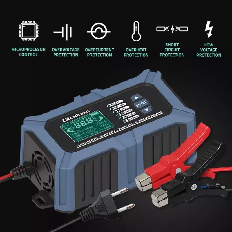 Qoltec išmanusis mikroprocesorinis akumuliatoriaus įkroviklis su baterijos testeriu ir 12V atkūrimo funkcija | 6A | LCD | Akumuliatorių įkroviklis AGM, LiFePO4, GEL baterijoms