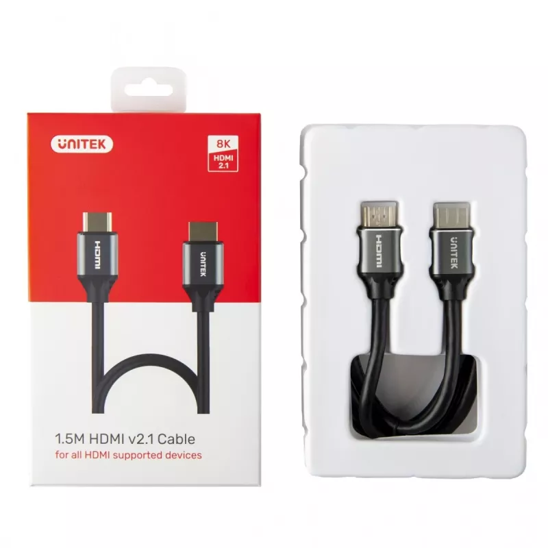 HDMI kabelis Unitek C138W 2 m — HDMI 2.1, 48 Gbit/s, 4K/120Hz, HDR10 & Dolby Vision, ARC, auksu dengtos jungtys