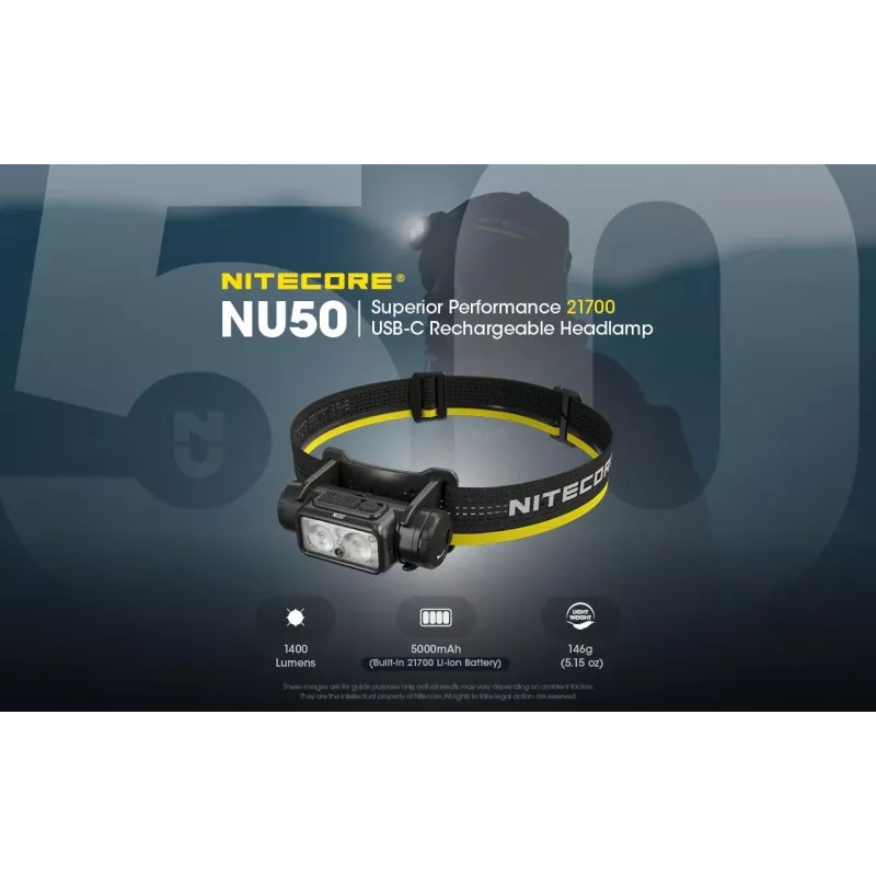 Galvos žibintuvėlis Nitecore NU50 juodai geltonas LED atsparus vandeniui ir smūgiams