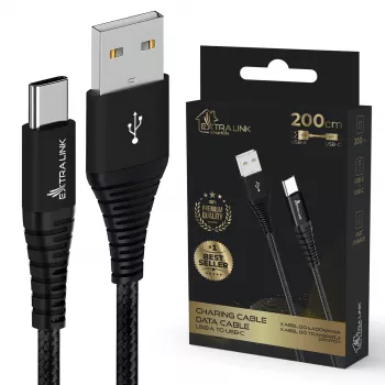 USB Type-A į USB-C laidas Extralink Smart Life pintas 2 m — 15W (5V 3A) juodas